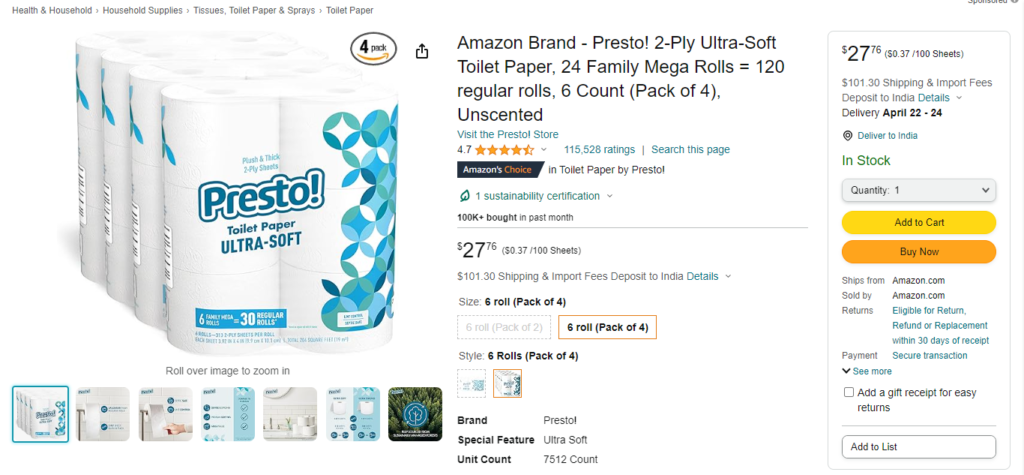 10. Presto! Ultra-Soft Toilet Paper (Amazon brand) (Best Toilet Paper In The World)